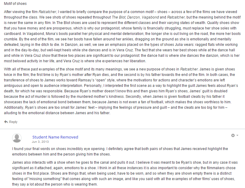 Figure 3: Peer-to-peer discussion of Ratcatcher, Spring 2013.