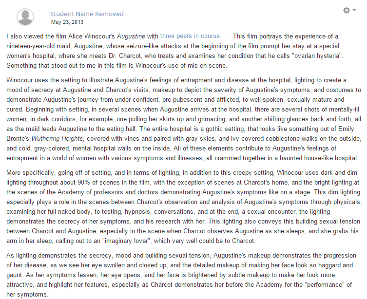 Figure 4: Student SIFF blog entry on Augustine, Spring 2013