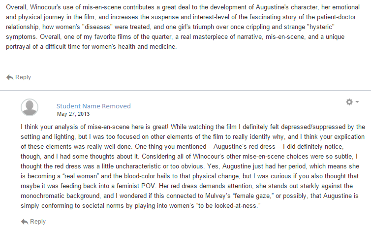 Peer response to student Augustine SIFF blog entry, Spring 2013.