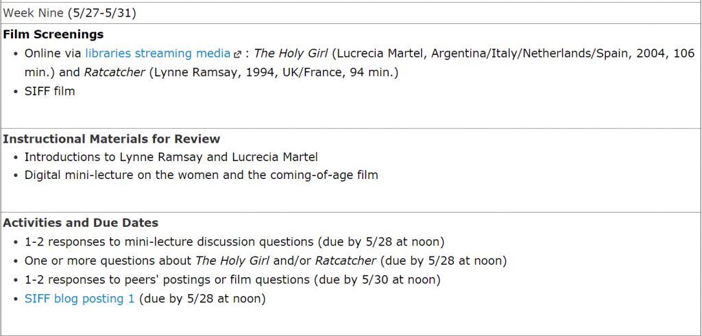 Figure 8: Original online activity schedule for week 9, Spring 2013.