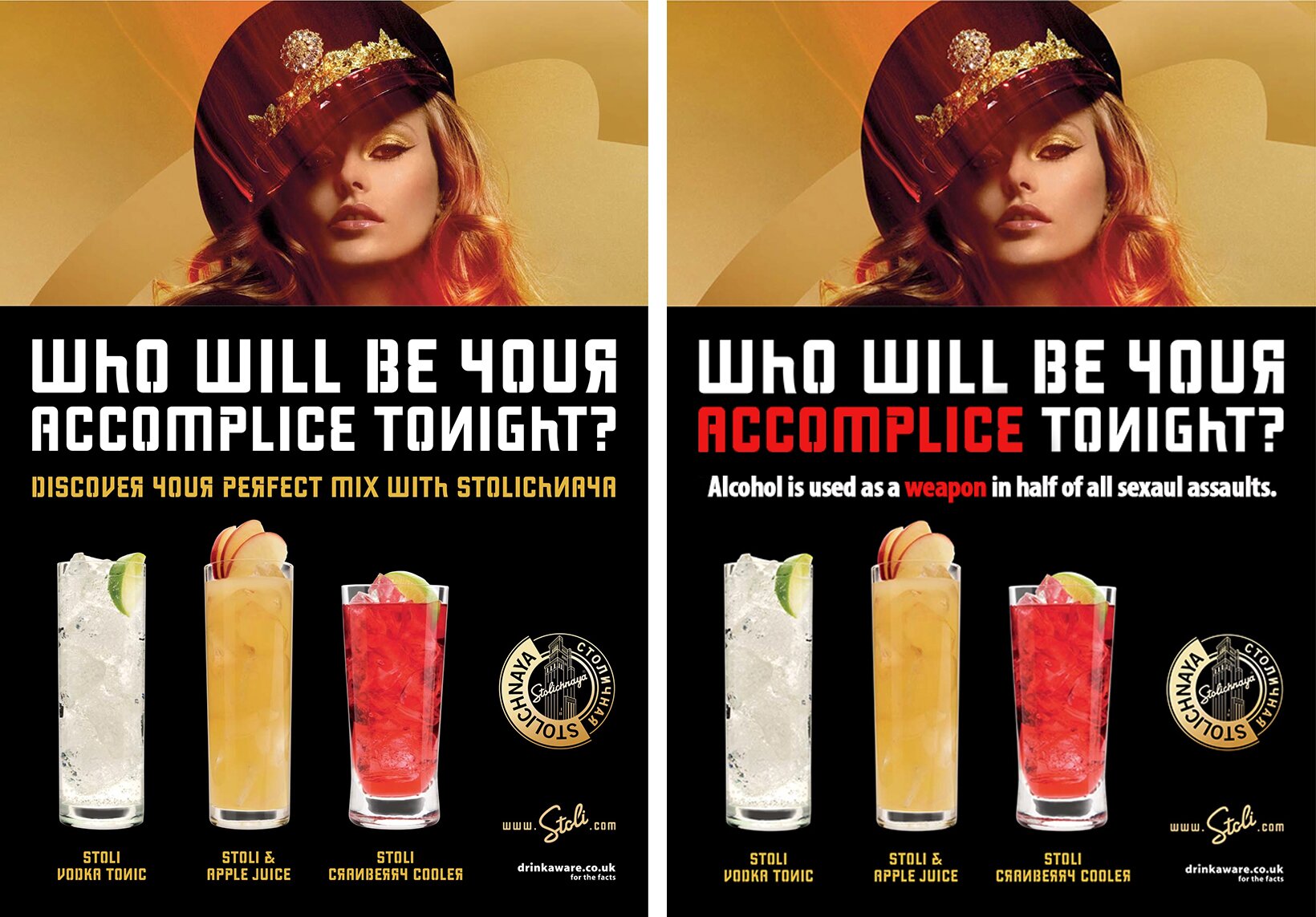 A before-and-after example of a student subvertisement that underscores the relationship between alcohol and sexual violence.